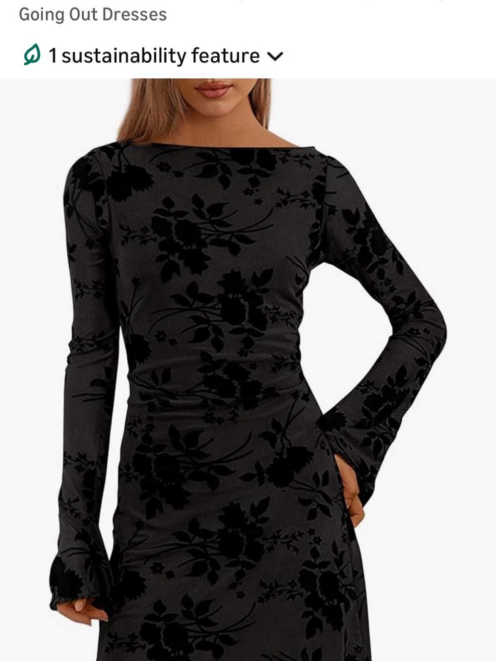 Elegant Black Floral Burnout Long-Sleeve Boatneck Dress